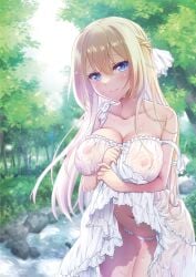 1girl absurdres bare_shoulders blonde_hair blue_eyes blush breasts closed_mouth collarbone day dress forest highres holding_own_dress large_breasts leaning_forward lifting_own_clothes lips long_hair looking_at_viewer melonbooks mori_marimo nature nipples nipples_visible_through_clothing off_shoulder original outdoors panties see-through_clothes shiny_skin smile solo tree underwear water water_drop wet wet_clothes white_dress white_panties