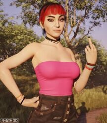 ai_assisted dyed_hair female_only female_solo lost_records:_bloom_&_rage middle_finger nora_malakian novah3d only_female pink_top pink_topwear seductive seductive_look seductive_smile smile solo solo_female strapless strapless_bra strapless_dress strapless_top strapless_topwear teenage_girl teenager video_games videogame