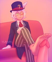british curly_hair feet_on_penis foot_fetish footjob heterochromia monocle sitting sitting_on_bed soul_knight trap_master_(soul_knight) white_hair