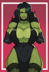 abs ai_generated big_breasts black_dress black_hair breast_grab breast_squeeze cleavage gloves green_skin hereticus huge_breasts lipstick marvel marvel_comics muscular muscular_female she-hulk smirk stockings thighs wide_hips wide_thighs