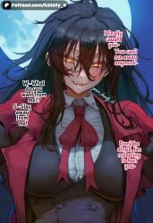 1girl 1girls ai_generated alucard_(hellsing) b34sty_0 black_hair blush boobs breasts disheveled evil_smile eyes fangs genderswap genderswap_(mtf) girl hair hair_between_eyes hellsing jacket long_hair looking_at_viewer medium_boobs medium_breasts medium_tits moon night open_mouth orange_eyes outdoors patreon red_jacket red_tie rule63 rule_63 shirt smile staring_at_viewer tie tits vampire vampire_girl watermark white_shirt woman