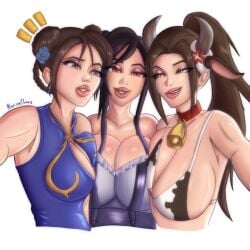 3girls big_breasts bikini black_hair breasts brown_hair chun-li cleavage cow_print cowbell crossover fatal_fury female female_only final_fantasy final_fantasy_vii huge_breasts kamisandraws king_of_fighters large_breasts long_hair mai_shiranui multiple_girls official_alternate_costume official_alternate_hairstyle ponytail red_eyes street_fighter street_fighter_6 swimsuit tifa_lockhart tifa_lockhart_(shining_spirit)