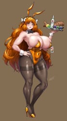 1girls breasts bunny_ears bunnysuit fake_animal_ears female freckles green_eyes hitch_(hitch_driessen/perotoss400/kirochef) huge_breasts ishmael_(limbus_company) large_breasts light-skinned_female light_skin limbus_company long_hair looking_at_viewer orange_hair pantyhose ponytail project_moon simple_background solo