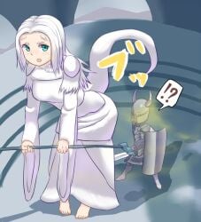 1boy 1girls 2d 2d_(artwork) 2d_artwork accident accidental_fart armor armored_male barefoot bending_over bent_over bigger_female blush blush_lines blushing blushing_female brap chosen_undead color crossbreed_priscilla dark_souls dark_souls_(series) dragon dragon_girl dragon_humanoid dress embarassed embarassed_female fart fart_cloud fart_fetish farting farting_in_face farting_on_another farting_on_face female female_dragon fluffy_tail from_software giant_female giant_woman giantess green_eyes japanese_text kazo larger_female long_hair macro macro_female male mini_giantess passing_gas pooting raised_tail size_difference smaller_male tail tall_female taller_female tooting video_games white_dress white_hair