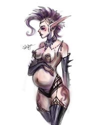 1girls belly big_belly breasts earrings elf female female_only garter_belt garter_straps long_ears mohawk necklace nipple_piercing nipples original pointy_ears pregnant skitoya solo