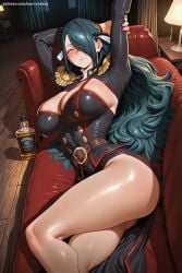 1girl ai_generated azuma_fubuki black_hair blush bottle breasts cleavage cleavage_cutout crossed_legs gloves hair_over_one_eye hi_res high_quality high_resolution large_breasts legs long_hair looking_at_viewer lying mato_seihei_no_slave patreon savvyraexo seductive sexy shiny shiny_skin solo thick_thighs thighs uncensored watermark yellow_eyes