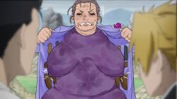 anime assassin background_character bimbofication boobs boobs_out breast_expansion breast_press breasts breasts_out chubby chubby_female edit edited_screencap eyes_closed fat gilf grandmother granny huge_breasts knife large_breasts lifting_own_clothes lothkafas married_woman medium_breasts older_female presenting presenting_breasts revealing_breasts sagging_breasts sweat yomi_no_tsugai