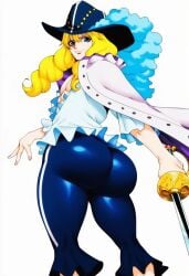 1boy ai ai_generated back_view big_ass black_hat blue_pants buttocks cavendish feet_up femboy hat one_piece smile weapon white_background white_shirt yellow_hair