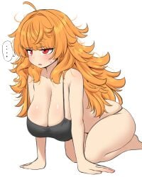 ... belly big_breasts black_bra black_tank_top chubby_female ginger_female ginger_hair long_hair messy_hair nobunagapero orange_hair peronattu plump_thighs red_eyes red_hair