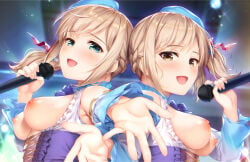 2girls blue_bow blue_bowtie blue_hat blurry blurry_background blush bow bowtie braid breasts breasts_out brown_eyes brown_hair frills game_cg green_eyes hair_ornament hat highres holding holding_microphone idol looking_at_viewer microphone multiple_girls nipples open_mouth outstretched_arm outstretched_hand reaching reaching_towards_viewer siblings singing twins umakuchi_shouyu