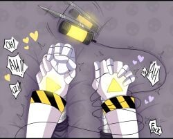 1boy 1boy1girl 1girls bed glitch_productions grey_background intercourse jesterjerk murder_drones n_(murder_drones) offscreen_sex penetration purple_hair sex straight straight_sex uzi_(murder_drones) white_background yellow_eyes