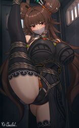 1girls black_dress black_panties black_thighhighs brown_eyes brown_hair china_dress damsel_in_distress dnf_duel dungeon_and_fighter dungeon_fighter_online fighter_(dungeon_and_fighter) gag gagged hair_buns improvised_gag large_breasts leg_up nen_master_(dungeon_and_fighter) plusout sleeveless_dress tape_gag thighhighs tied_up twintails