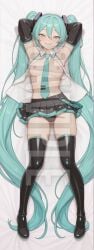 1girls ai_generated arms_up blush breasts clothed clothing dakimakura female full_body green_eyes green_hair hatsune_miku hi_res high_resolution highres lying lying_on_back naughty_face nipples panties patreon sleeplessnighty solo solo_focus tagme vocaloid watermark