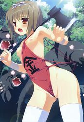 alcot breasts highres naked_apron nimura_yuuji nipples oni_gokko oni_gokko! pointy_chin sakagami_kana thighhighs