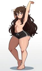1boy ai_generated bare_chest barefoot brown_eyes brown_hair femboy flat_belly full_body kaito_(anon) long_hair looking_at_viewer nipples original_character shorts standing_up stretching_arms thick_ass thick_thighs voluminous_hair