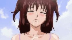 animated breasts brown_hair censored cum cum_in_mouth cum_on_body cum_on_breasts cum_on_upper_body cum_string cum_trail ejaculation facial fellatio gokkun green_eyes lowres oral penis stringendo stringendo_&_accelerando_&_stretta tongue