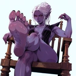 1girl ai_generated baldur's_gate baldur's_gate_3 black_nail_polish black_nails black_toenail_polish black_toenails blue_body blue_skin breasts dominant drow dungeons_and_dragons elf_ears falewii fantasy feet female female_focus hair_bun medium_breasts minthara on_chair pov_feet red_eyes self_upload simple_background sitting soles toenail_polish toenails toenails_polish toes white_hair