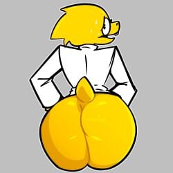 1girl 1girls 2026 alphys alphys_(deltarune) alphys_(undertale) anthro ass ass_bigger_than_head ass_focus big_ass big_butt black_eyes buckteeth clothed clothing coat deltarune female female_focus female_only glasses hand_on_hip hi_res highres labcoat lizard looking_at_viewer looking_back louissdoe monster monster_girl open_mouth scalie semi_nude shaded simple_background solo solo_female solo_focus sweat sweatdrop sweating tail thick_ass thick_thighs undertale undertale_(series) white white_background yellow_body yellow_scales yellow_skin