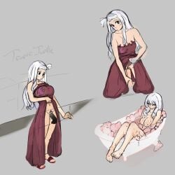 1boy 1girls bathtub clothed_female clothed_sex fairy_tail fantasy glory_hole lifting_dress masturbation mirajane_strauss multiple_poses nude_female standing_sex tropic_turtle