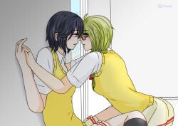 2018 2girls blush braid braided_hair face-to-face female genderswap glasses hand_on_another's indoors kneehighs leaning looking_at_another pixiv profile_view rule_63 safe safe_for_work school_girls_simulator school_uniform shirt short_hair skirt tagme uniform window yellow_vest yuri