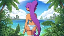 1girls ai_assisted armwear ass backboob bikini breasts casual cloud dark-skinned_female dark_skin earrings female female_only genie highres human island neckwear outdoors partially_submerged plant pointy_ears ponytail purple_hair rear_view sarukaiwolf shantae shantae_(character) signature sky smooth_skin solo striped_bikini uncropped very_long_hair wallpaper water