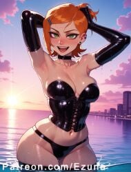 ai_generated arms_behind_head ben_10 big_ass big_butt big_thighs blush ezuna female female_only green_eyes gwen_tennyson huge_ass huge_butt huge_thighs latex latex_clothing latex_gloves medium_breasts orange_hair small_breasts wanuze wide_hips
