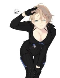 bending_forward blonde_hair blue_eyes breasts cleavage closers clothed harpy_(closers) large_breasts mole_under_eye moyo tight_clothing