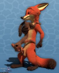 3_toes 3d_(artwork) 4_fingers absurd_res anthro black_nose blender_(artwork) blender_cycles_(artwork) blue_background brown_body brown_fur canid canine countershading digital_media_(artwork) disney duke_weaselton duo english_text eyes_closed feet fingers fox fur genitals gloves_(marking) hi_res holding_partner knot knotted_penis long_body male male/male mammal markings mustelid musteline nick_wilde nude oral oral_penetration orange_body orange_fur penetration penis pink_penis rasterraccoon red_fox simple_background size_difference standing text toes true_fox true_musteline upside_down watermark weasel zootopia