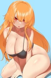 :o big_breasts black_bra bra_strap_slip hair_over_one_eye long_hair looking_at_viewer no_panties nobunagapero orange_eyes orange_hair peronattu