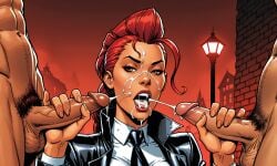 1girls 2boys ai_generated amber_eyes crimson_viper cum cum_on_face cumshot facial long_hair red_hair street_fighter tagme vilejelly