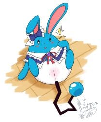 5:6 anthro anus azumarill blue_body blue_tail blush blush_lines bow_ribbon clothed clothing exclamation_point female gem generation_2_pokemon genitals glacefrostbite hi_res holowear_(pokemon) innie_vulva long_ears lying maid_uniform multicolored_body nintendo on_back open_mouth plump_labia pokemon pokemon_(species) pokemon_unite simple_background solo surprised tail tea_party_style_azumarill two_tone_body uniform vulva white_body x_anus