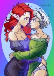 bisexual_female elf hair_ornament lesbian_kiss love medieval panties redhead sfw shen_hokori white_hair