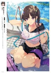 1girl absurdres bag barefoot blush bra breasts brown_hair collarbone day full_body highres holding hose iizuki_tasuku large_breasts long_hair looking_at_viewer melonbooks midriff navel original outdoors page_number parted_lips pixiv_id pool_ladder poolside purple_eyes shadow simple_background skirt smile solo stomach toes towel underwear water water_drop wet wet_clothes