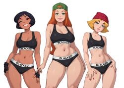 3girls ai_assisted ai_generated alex_(totally_spies) beanie black_hair blacked blacked_clothing blonde_hair blue_eyes brown_eyes cleavage clover_(totally_spies) colored_nails edit female female_only fingerless_gloves fingernails gloves green_eyes grok half-closed_eyes hat large_breasts lipstick long_hair medium_breasts navel orange_hair panties sam_(totally_spies) short_hair small_breasts smile sports_bra totally_spies