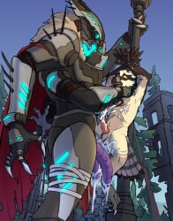 after_sex alien armor avian avicron_(artist) beak bird bodily_fluids bungie cape claws clothing cum destiny_(series) duo eliksni erection genital_fluids genitals headgear helmet hi_res knot male male/male multi_limb penis penis_size_difference purple_penis sky standing tail