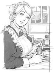 big_breasts foreskin foreskin_play french_maid handjob large_breasts maid mama_(artist) monochrome original penis sketch small_penis smile solo two-handed_handjob uncensored