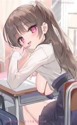 1girl :d bag bikini bikini_under_clothes blue_skirt blush breasts brown_bikini brown_hair chair day desk female female_only flashing hand_up holding holding_pen indoors large_breasts long_hair long_sleeves looking_at_viewer looking_back melonbooks micro_bikini natsuki_marina on_chair one_breast_out one_side_up oppai_challenge original pen pleated_skirt school_bag school_chair school_desk school_uniform shirt skirt sleeves_past_wrists smile solo swimsuit very_long_hair white_shirt window