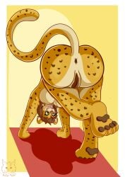 all_fours anthro anus big_butt blush breasts butt cheetah close-up digital_media_(artwork) felid feline female fur genitals green_eyes hair haty_arts hi_res leaning mammal markings nipples nude nude_female open_mouth pawpads paws rear_view simple_background solo vulva yellow_body yellow_fur