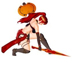 1girls arrancon green_eyes half-dressed half_naked half_naked_female long_hair long_hair_female pose posing pyrrha_nikos red_hair red_hair_female rwby shield solo_female sword sword_and_shield