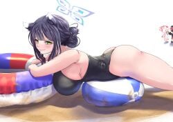 akate animal_ears ass ball_(object) beach_ball big_butt black_hair black_swimsuit blue_archive breasts busty compressed doodle_sensei_(blue_archive) feet_out_of_frame green_eyes hair_bun halo inflatable large_breasts looking_at_viewer on_ball pool_ring pool_toy relaxing shiny_skin shun_(blue_archive) sideboob smile smiling_at_viewer squish squishing summer thick_thighs thighs