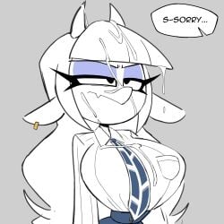 annoyed annoyed_expression annoyed_face clothed clothes cum_on_breasts cum_on_clothes cum_on_face earring earring_only eyeshadow formal_wear goat goat_ears goat_girl goat_horns makeup molly_(nelljoestar) nelljoestar text text_bubble tie uniform