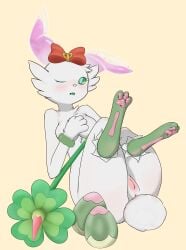 absurd_res anu anus blush bracelet breasts cheek_tuft clover_(plant) clover_leaf eeveeskies egg ent_ears facial_tuft feet female feral flower four_leaf_clover fur green_body green_eyes green_fur grey_body grey_feet heart_eyes heart_symbol hi_res jewelry lagomorph leaf leporid mammal pawpads paws pink_flower pink_inner_ear pink_pawpads plant pusay rabbit rabbit_ears red_bow roco_kingdom roco_kingdom:world scut_tail short_tail simple_background solo tail translucent tuft