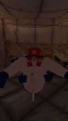 arms_on_legs balls bed clown cock cock_and_balls crotch_shot gloves hat inviting laying_on_bed lewd_pose looking_at_viewer lying male male_only posing_for_the_viewer presenting presenting_penis spread_legs spreading teasing vrchat