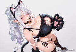 1girl ai_generated big_breasts cat_lingerie female hoyoverse huge_breasts mature_female revoaru thick_thighs thighs velina_(zenless_zone_zero) velina_airgid white_hair zenless_zone_zero