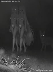 2girls bar_censor breasts censored collarbone completely_nude dog fellatrix grass greyscale highres holding_hands long_hair looking_at_viewer monochrome multiple_girls navel night night_vision_effect nipples nude original outdoors pubic_tattoo pussy siblings small_breasts tattoo tiptoes twins very_long_hair white_eyes