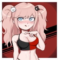 background big_breasts bra danganronpa hand_on_chest junko_enoshima salchipapaasada smirk twintails