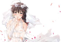 1girl ahoge bare_shoulders black_hair blue_eyes blush braid breasts bridal_gauntlets bridal_lingerie bridal_veil dress earrings flower gloves hair_flaps hair_flower hair_ornament hair_over_shoulder hair_ribbon heart heart_earrings index_finger_raised jewelry kantai_collection lingerie long_hair looking_at_viewer medium_breasts nipples parted_lips ribbon rose see-through_clothes shigure_(kantai_collection) sidelocks simple_background smile solo tiara umakuchi_shouyu underwear upper_body veil wedding_dress white_background white_dress white_flower white_gloves white_rose