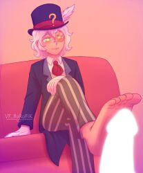 british censored censored_penis curly_hair feet_on_penis foot_fetish footjob heterochromia monocle sitting sitting_on_bed soul_knight trap_master_(soul_knight) white_hair
