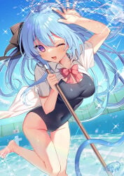 1girl absurdres arm_up bare_legs barefoot black_one-piece_swimsuit blue_hair blue_sky blush bow breasts chain-link_fence cleavage cloud collared_shirt covered_navel day dress_shirt fence groin hair_between_eyes highres long_hair looking_at_viewer medium_breasts natsuki_marina one-piece_swimsuit one_eye_closed open_clothes open_shirt original outdoors purple_eyes red_bow shirt short_sleeves signature sky smile solo splashing standing standing_on_one_leg swimsuit swimsuit_under_clothes very_long_hair water white_shirt