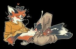 14:9 anthro belt blush bodily_fluids bottomwear bottomwear_down canid canine clothed clothing cum cum_on_self cum_on_tail cumshot ejaculation erection fox genital_fluids looking_pleasured lying male mammal masturbation on_back pants pants_down partially_clothed penile penile_masturbation serpent_x shirt simple_background solo tail topwear